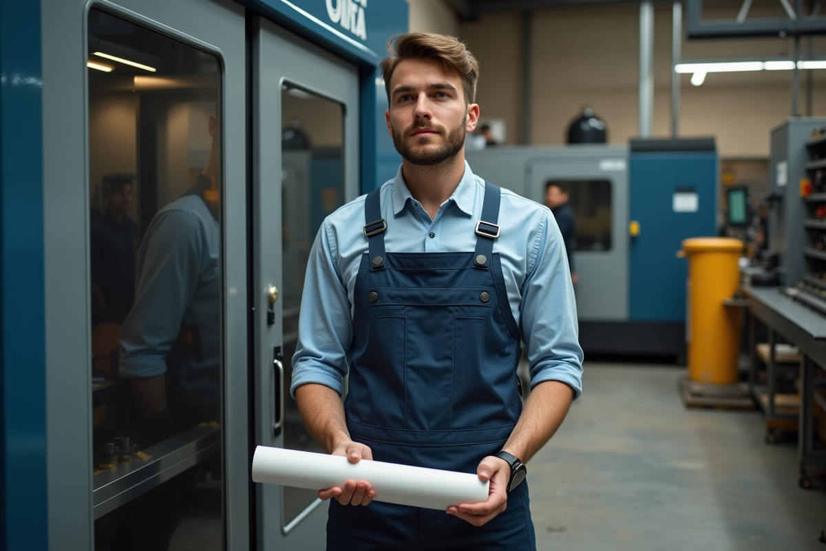 Jeune homme en uniforme dans un atelier avec machine CNC