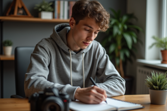 Jeune homme pensif avec carnet et appareil photo