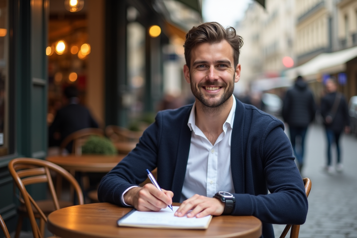 Jeune homme français écrivant dans un café parisien en plein air