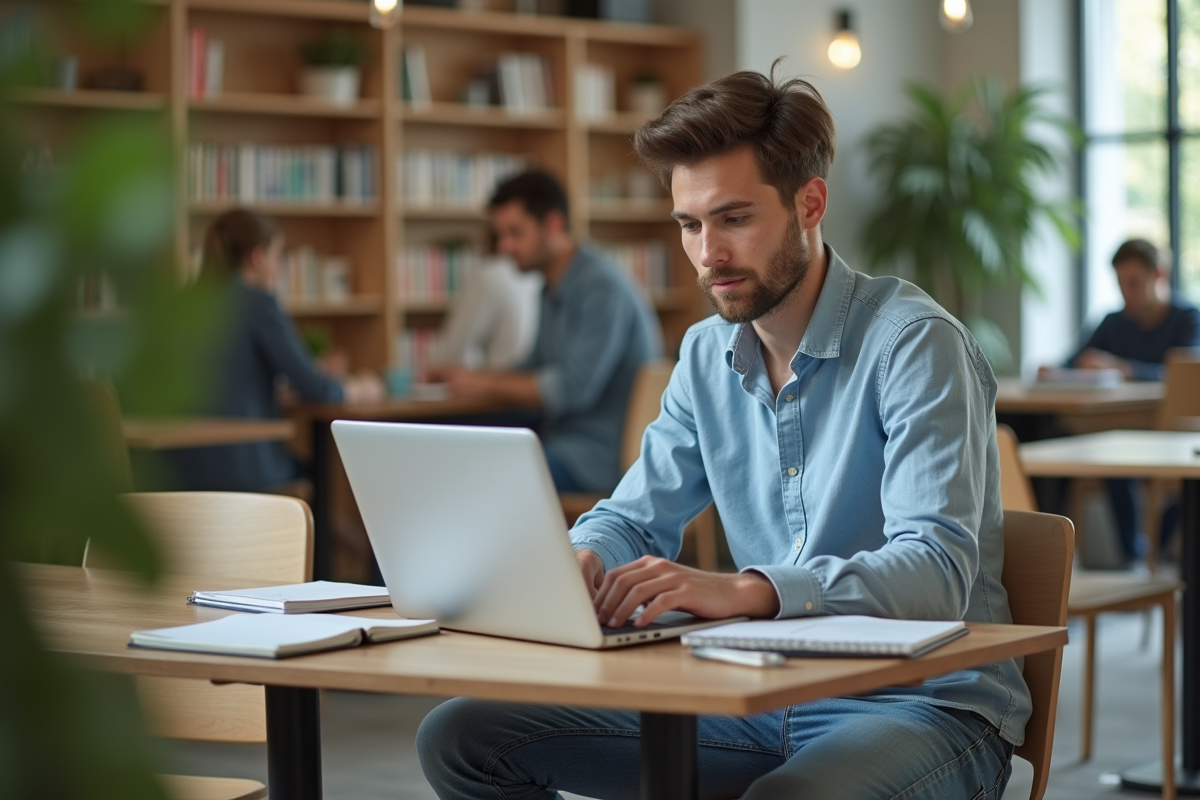 Jeune homme travaillant sur son ordinateur dans un espace coworking