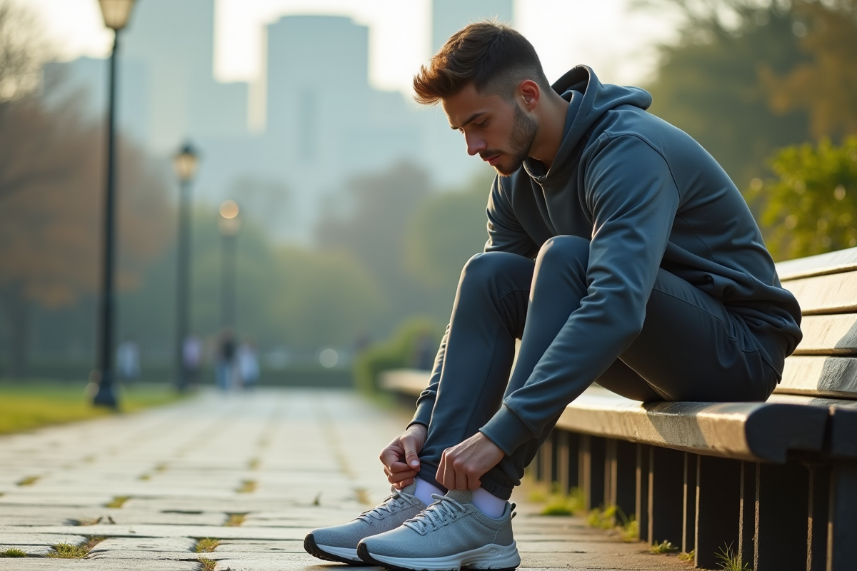 Jeune homme en tenue de sport nouant ses baskets dans un parc