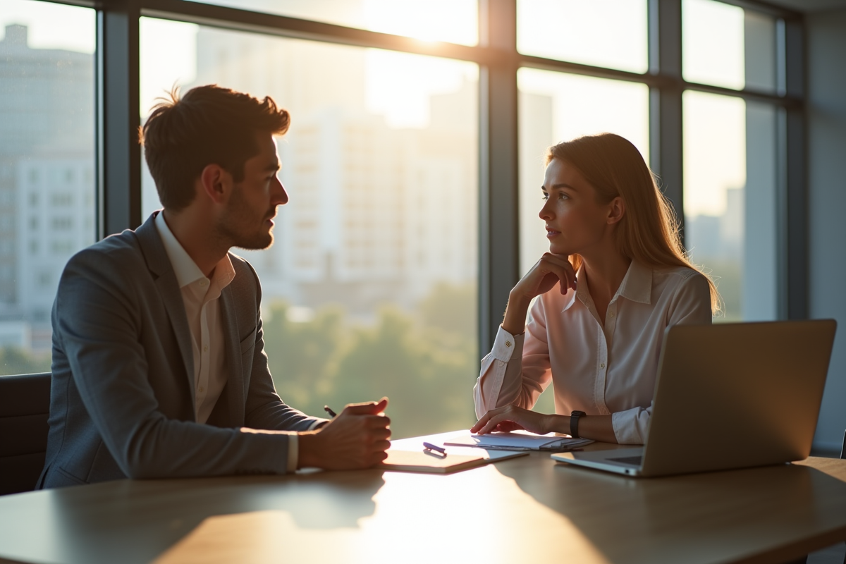 Jeune stagiaire et superviseur en discussion dans un bureau moderne
