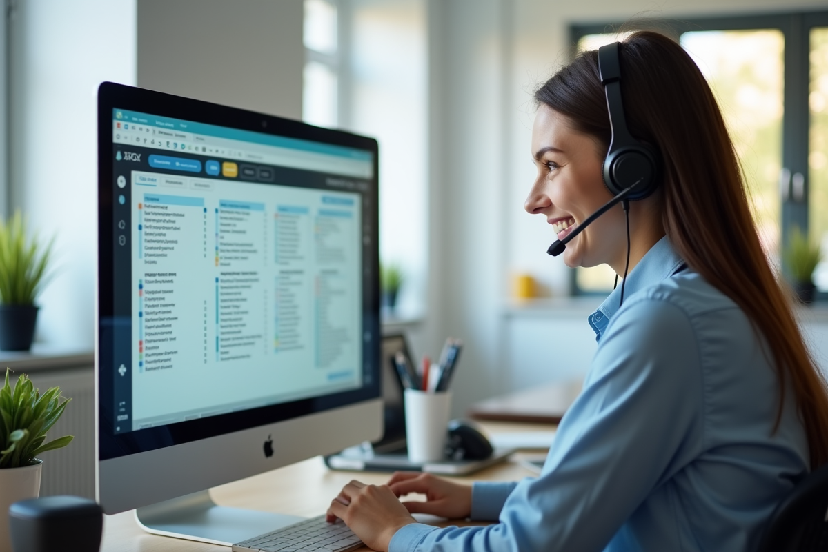 Jeune professionnel souriant avec un headset dans un espace de travail lumineux