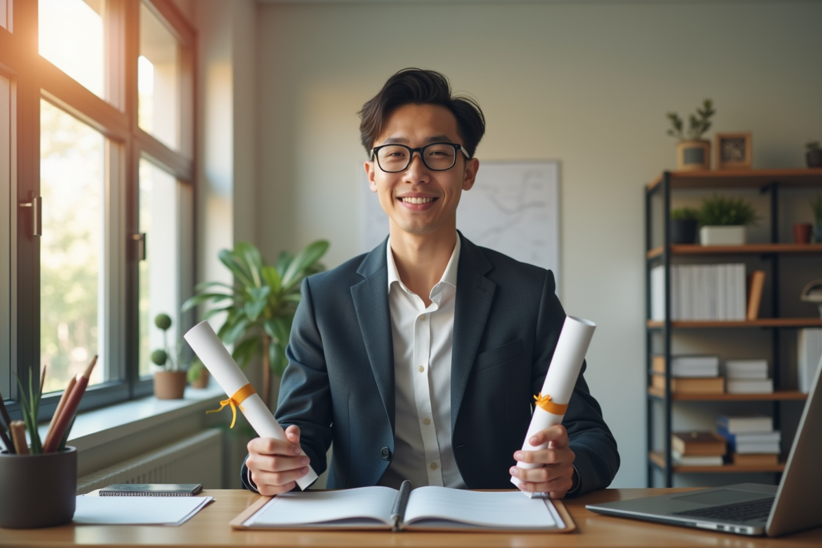 Jeune professionnel avec diplôme et certificat dans un bureau moderne