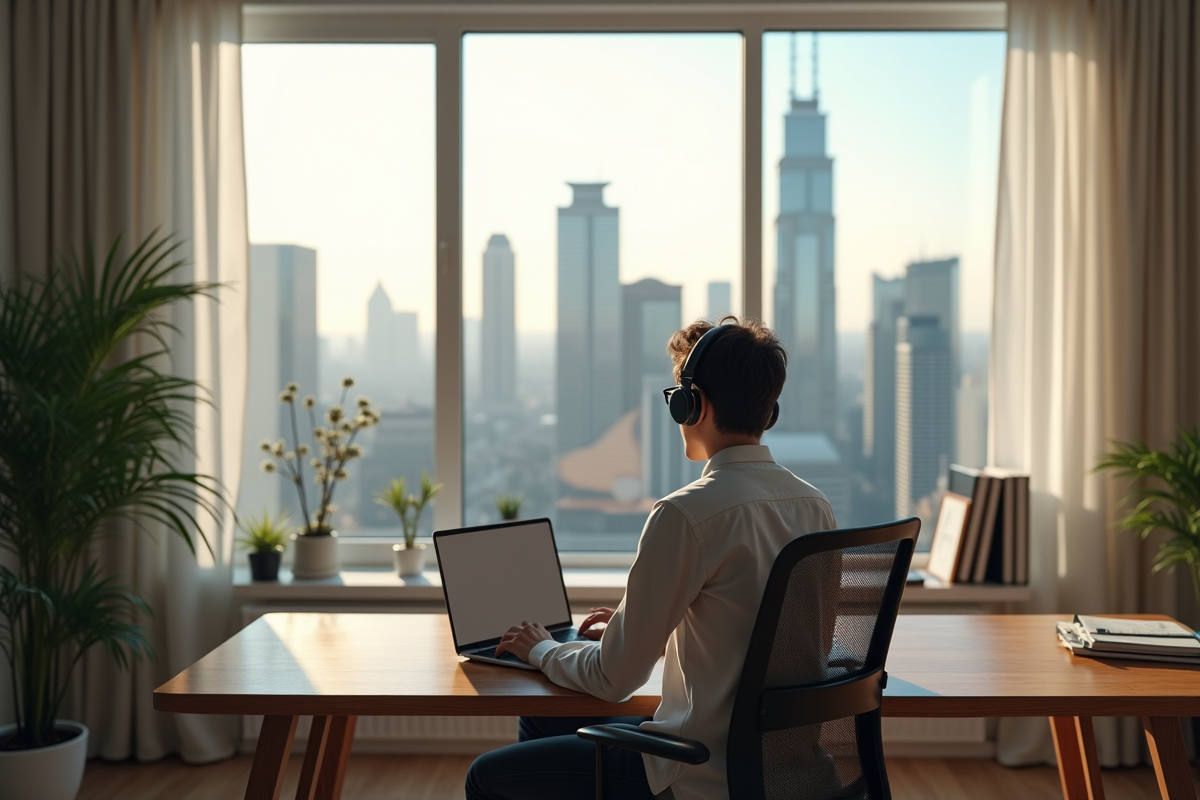 Jeune professionnel au bureau à domicile avec ordinateur et vue urbaine