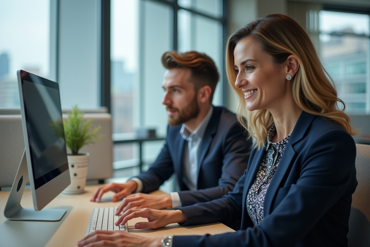 Manager guidant un employe sur un logiciel en open space