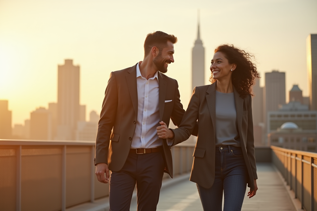 Mentor guidant un collègue en extérieur avec la skyline en arrière-plan