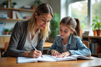 Mentrice aidant un élève dans un classe lumineuse