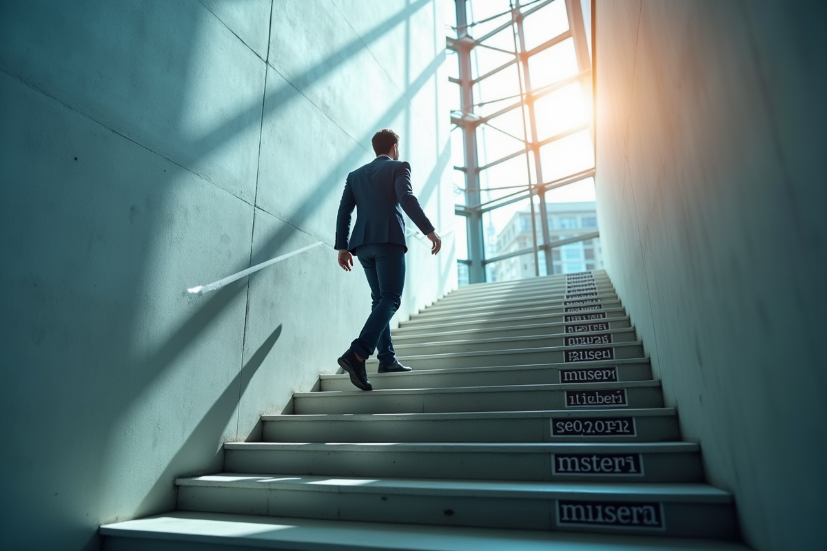 Homme gravissant un escalier symbolisant la progression professionnelle