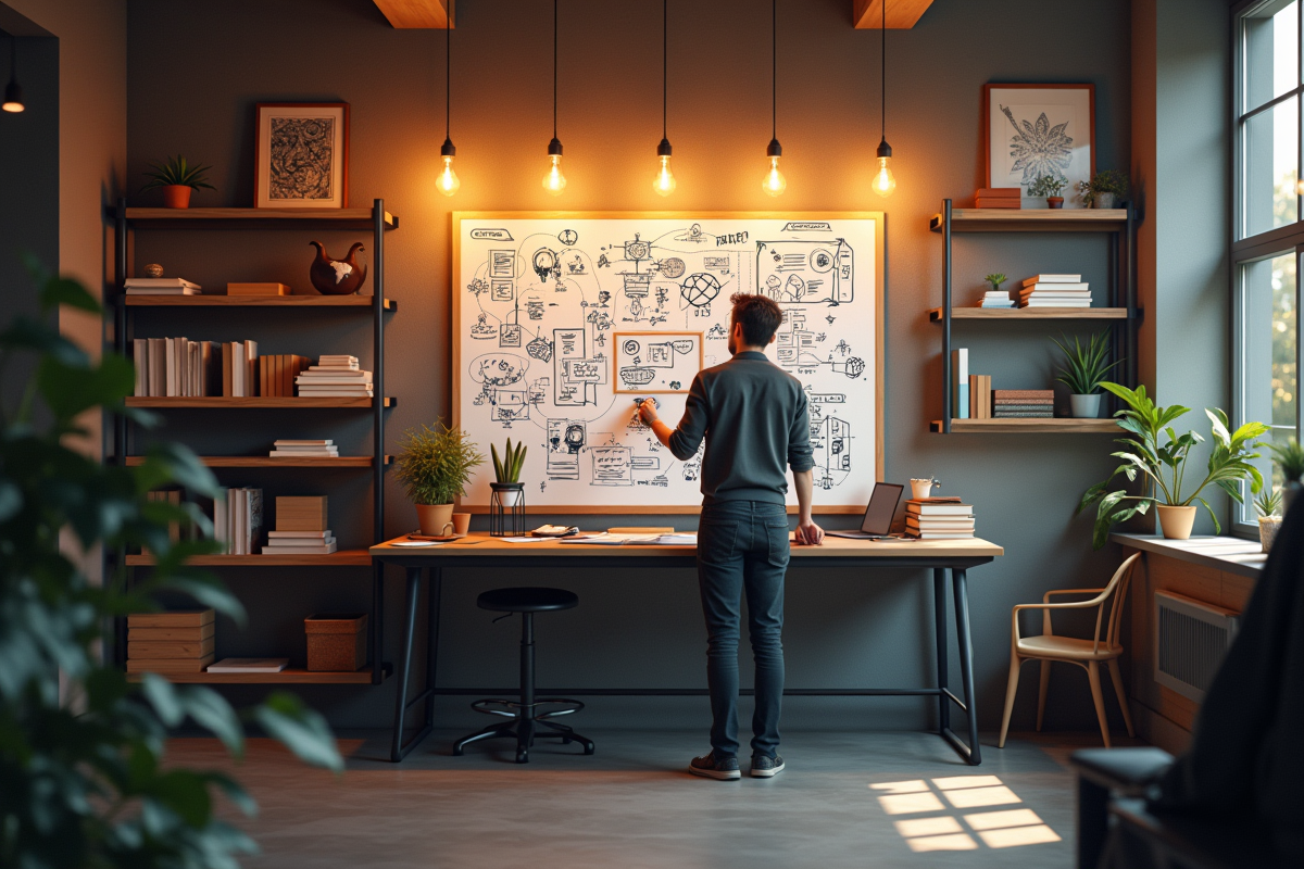 Personne esquissant une idée innovante sur un tableau dans un espace créatif