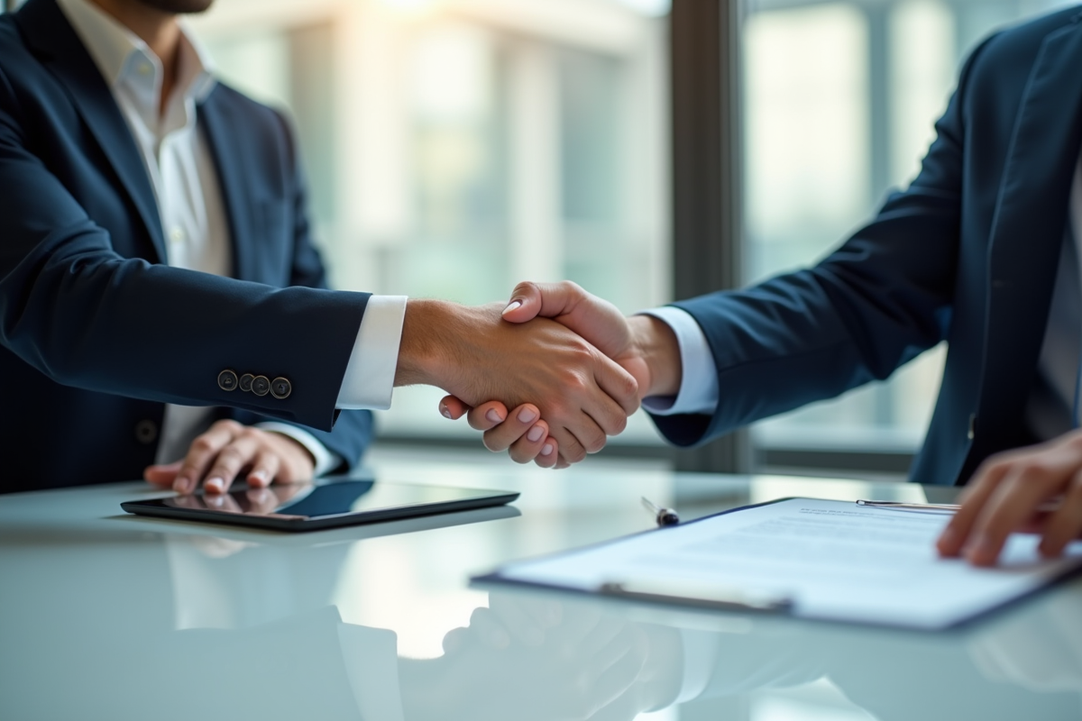 Poignée de main entre un gestionnaire et un fournisseur en environnement professionnel