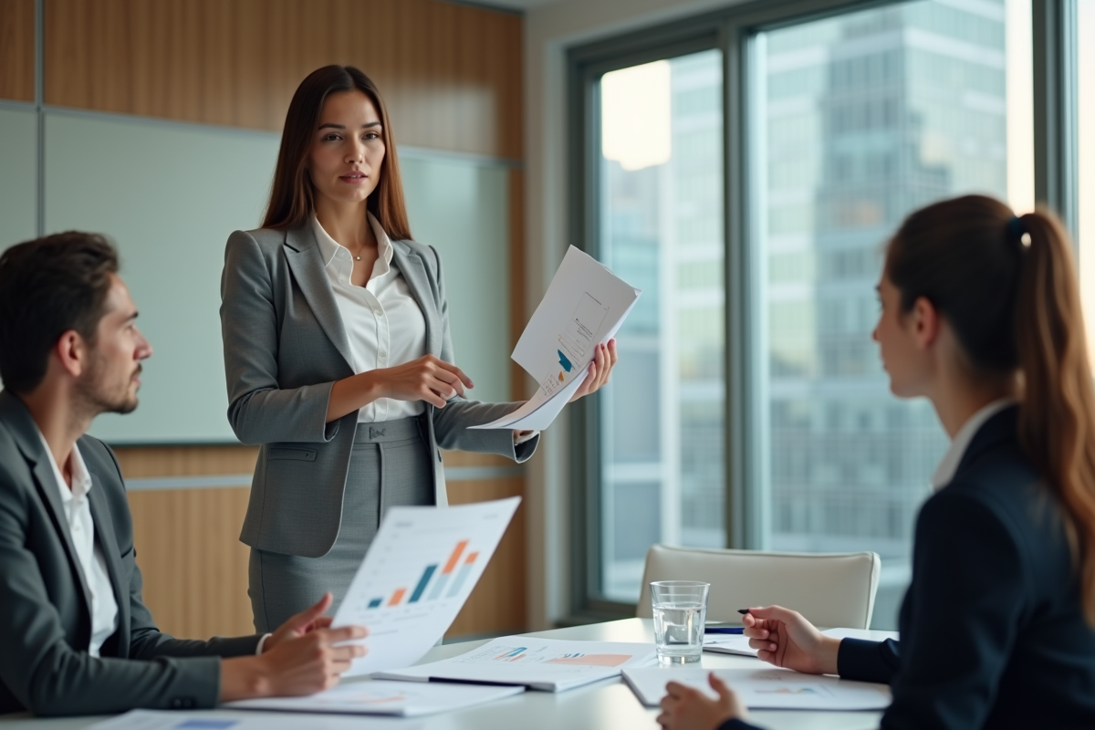Jeune femme présentant des données financières en réunion