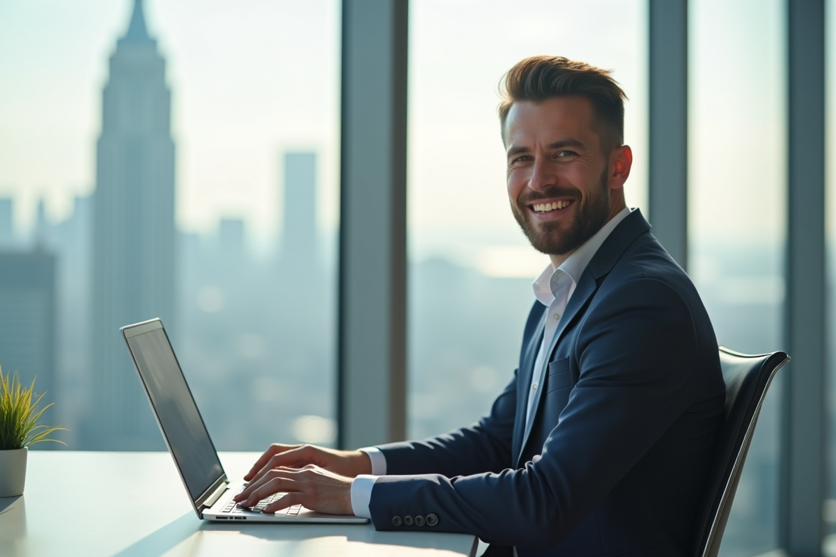 Professionnel d'affaires souriant dans un bureau moderne avec vue sur la ville
