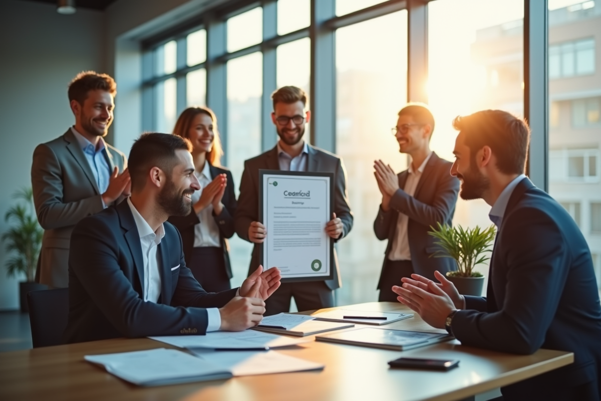 Professionnel recevant un certificat dans un bureau moderne