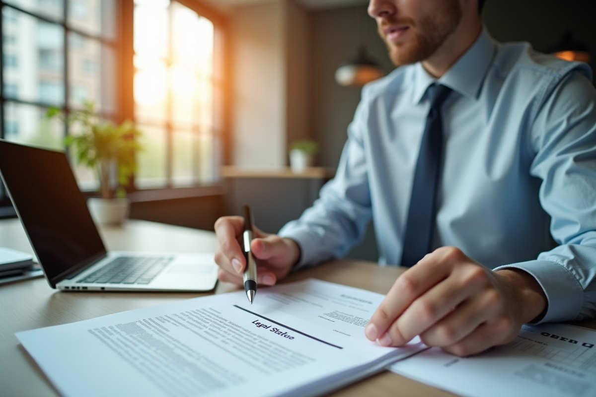 Professionnel en bureau moderne examinant des documents juridiques