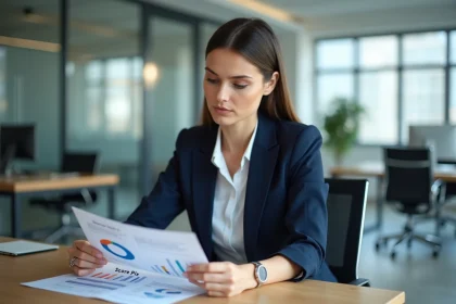 Femme en blazer bleu analysant des graphiques Score Pix
