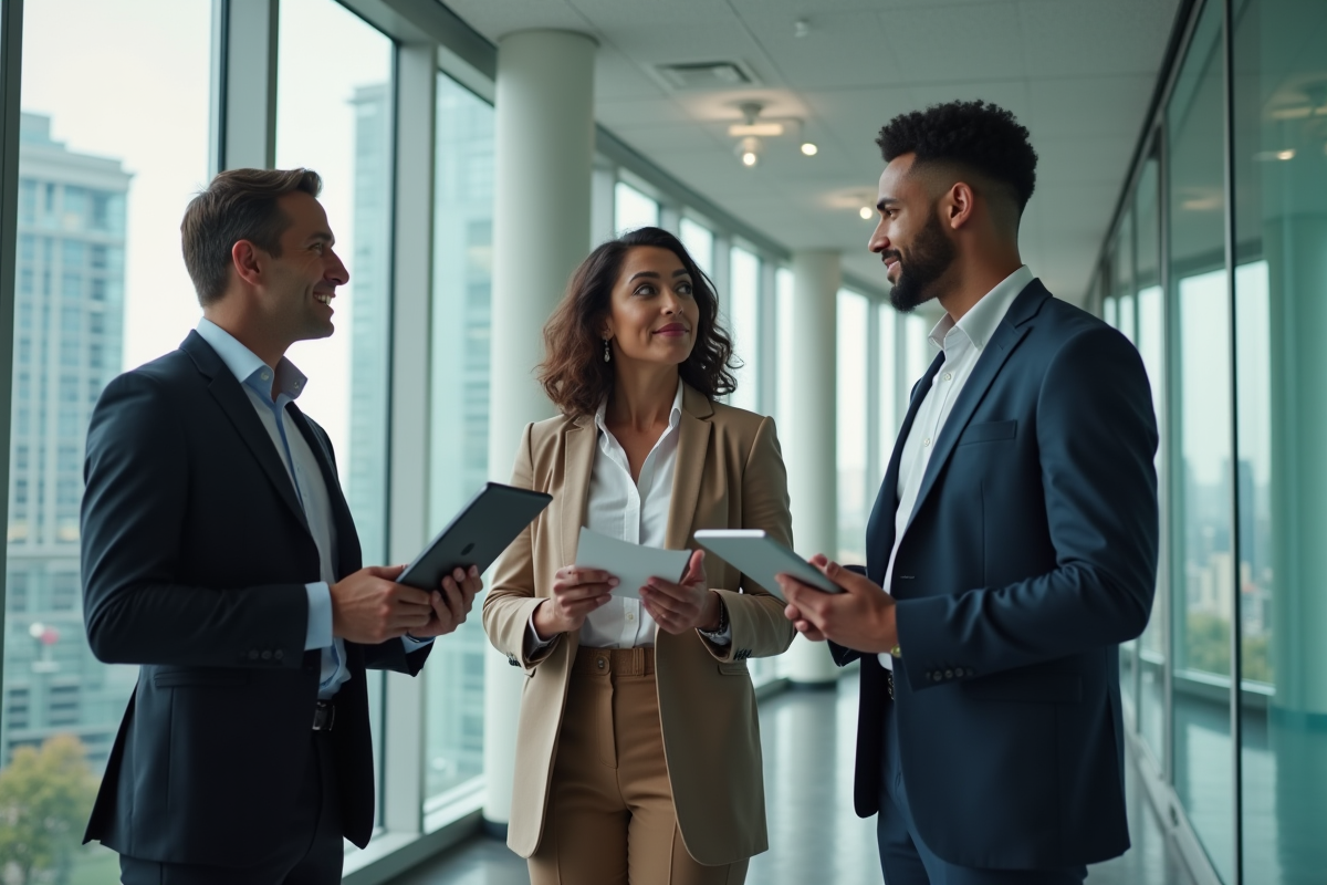 Trois professionnels discutant dans un couloir lumineux avec des tablettes