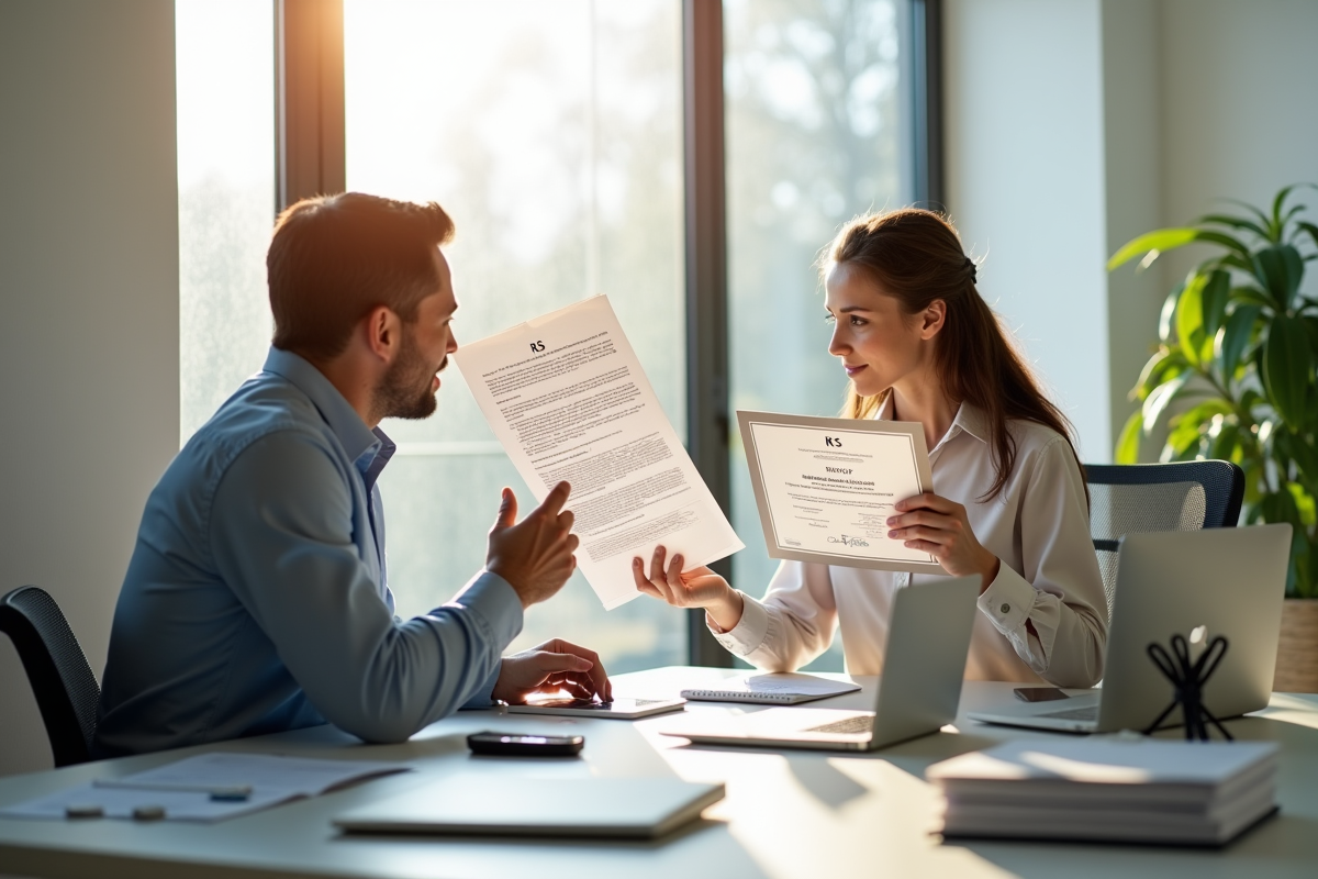 Deux professionnels avec certificats RS et RNCP dans un bureau lumineux