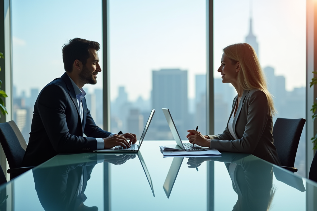 Deux professionnels en réunion dans un bureau moderne