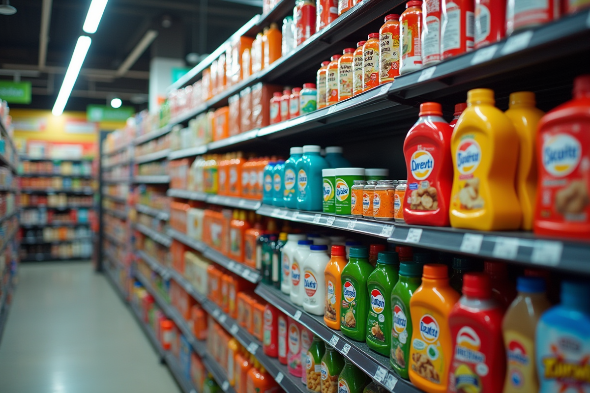 Rayon de supermarché avec produits de marques concurrentes