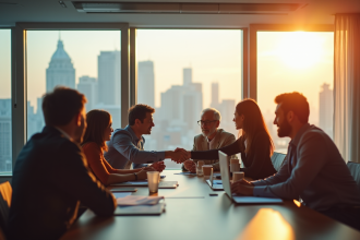 Réunion dans un bureau moderne avec professionnels divers discutant