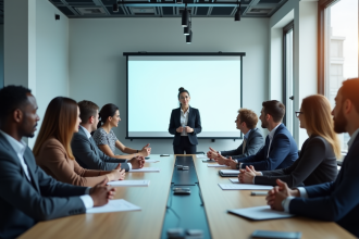 Groupe d'adultes en réunion d'affaires dans une salle moderne