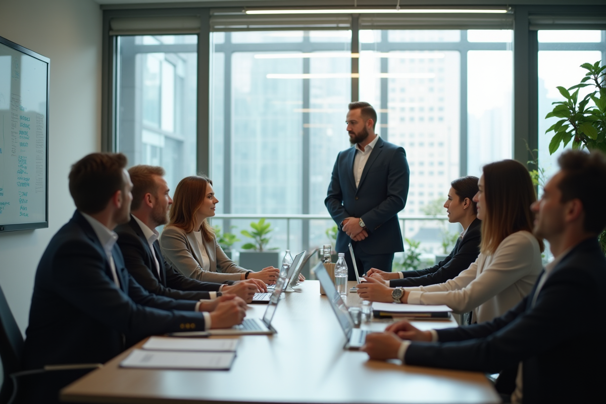 Groupe de professionnels en réunion dans un bureau moderne