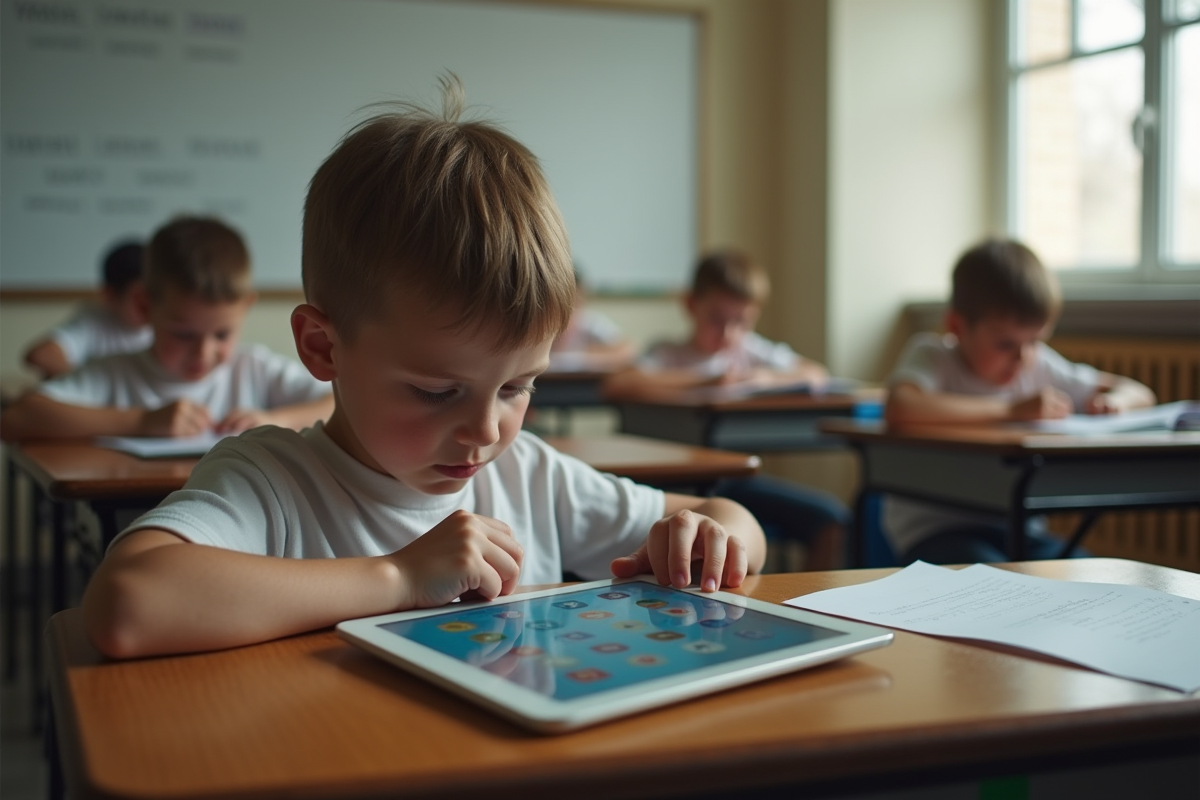 Enfant distrait avec tablette dans une salle de classe vide
